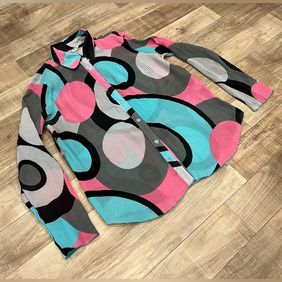 Vintage J & D Retro Circles Ribbed Long Sleeve Button-Up Top Size XL - Picture 2 of 6